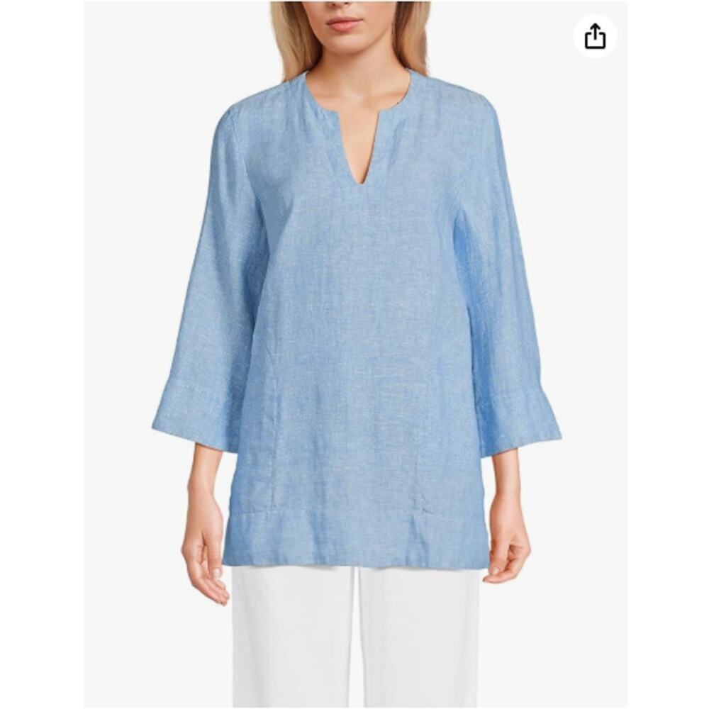 Lands End Linen Blend Tunic Top Blue Minimalist 3/4 Sleeve Sz L Coastal Workwear